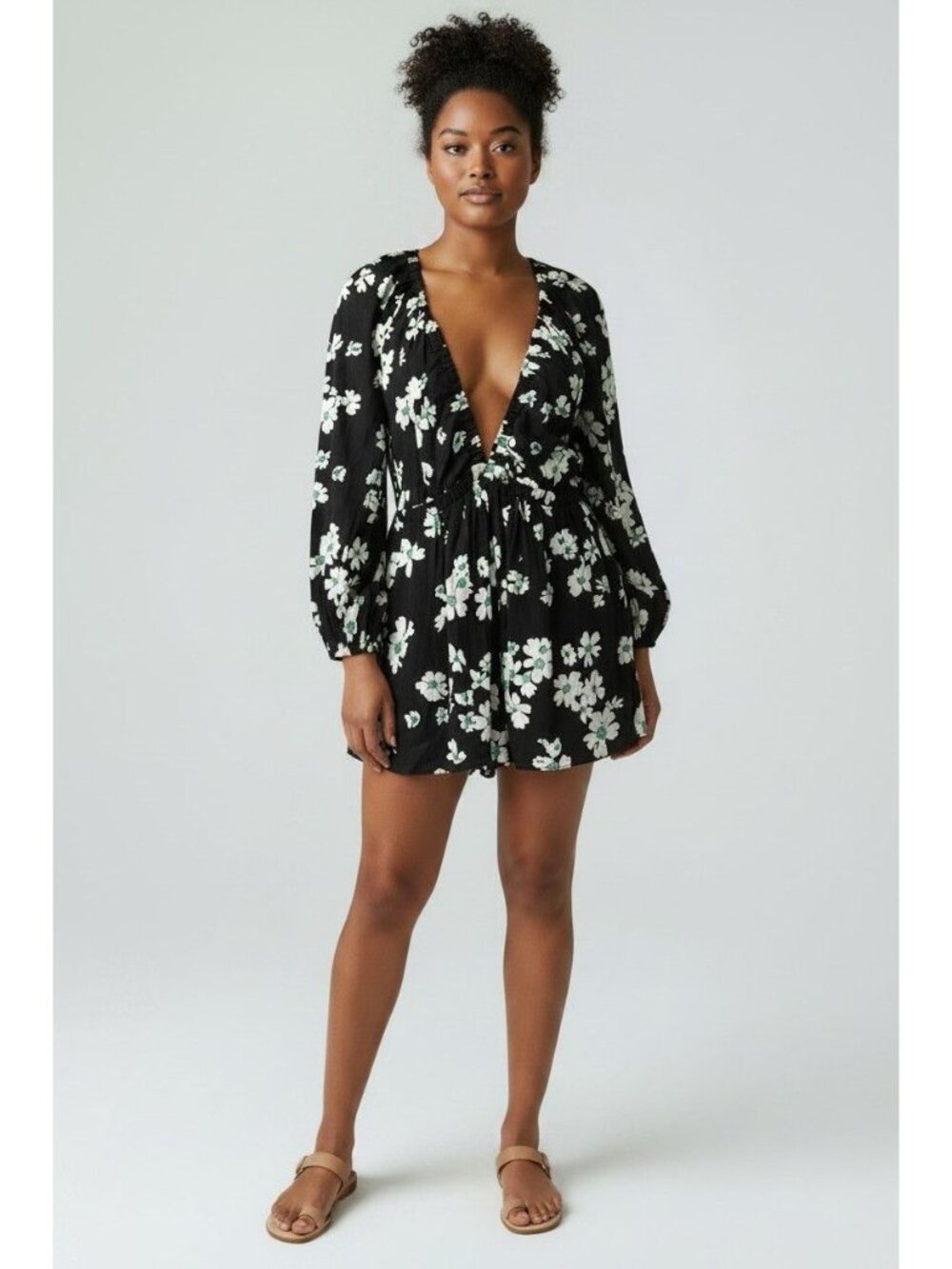 TopShop Elasticated Channel Long Sleeve Linen Blend Romper In Multi Floral, XL